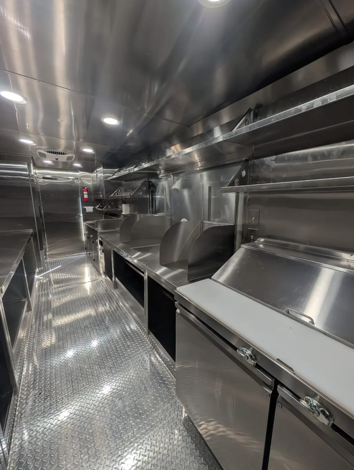 The stainless-steel kitchen inside the Burekas Box electric food truck